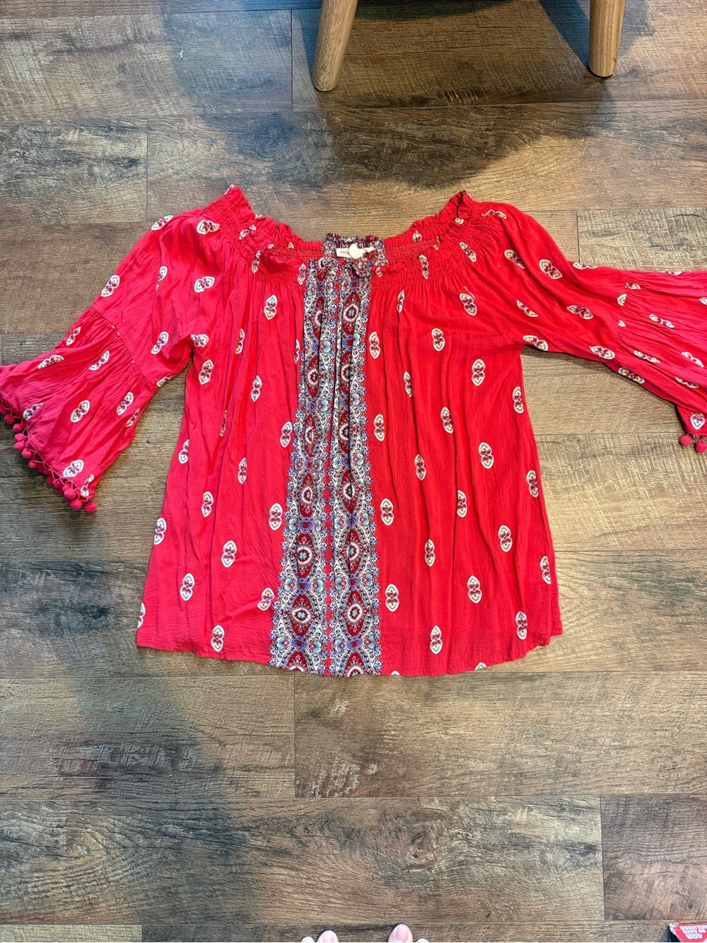 Red Boho Off-Shoulder Peasant Top - Women's
